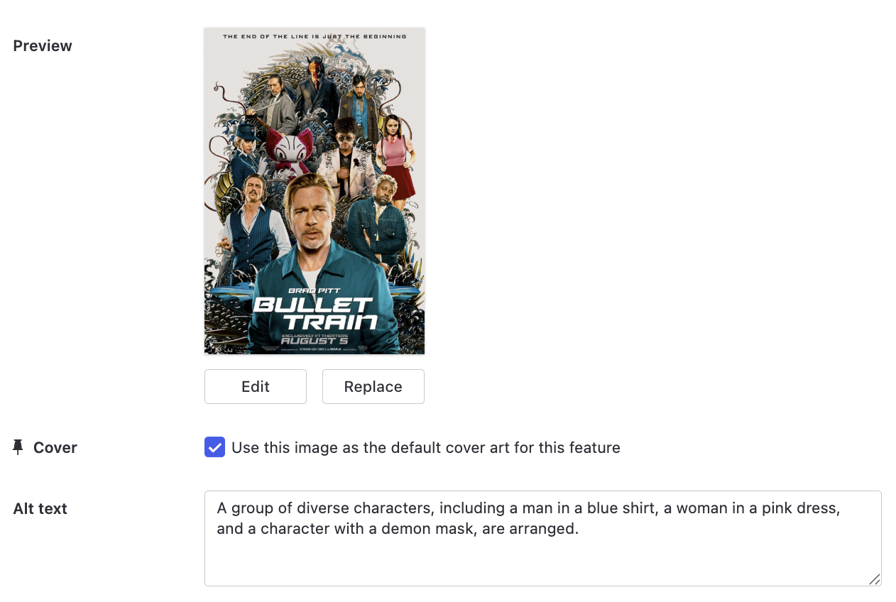 Catalogue image form showing an AI-generated description in the Alt Text field.